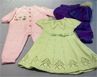Hand knit baby items - green, pink & purple