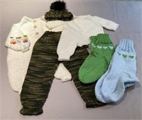 Hand knit mom & baby items - camo/white/blue/green