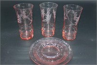VINTAGE PINK ETCHED GLASSES (3) AND PLATE