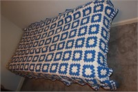 VINTAGE HAND CROCHETED BLUE/WHITE AFGHAN
