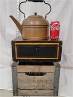 Copper tea kettle, Cloister Dairies  wood crate