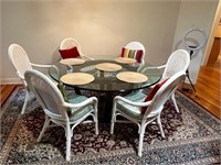 Glass top table w 6 wicker chairs
