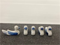 5 Small Ceramic Blue and White Ducks