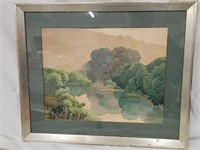1919 watercolor lake, trees, mountain by D.