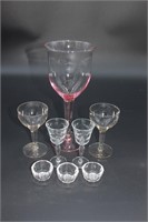VINTAGE CRYSTAL LOT - 5 GLASSES, 3 SALTS