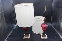 2 VINTAGE ETCHED CRANBERRY GLASS LAMPS (AS IS)