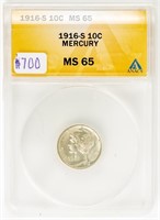 Coin 1916-S Mercury Dime, ANACS-MS65