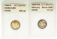 Coin 1944-S MS66 & 1945-S/S,VF-25,Mercury 10C-ACG