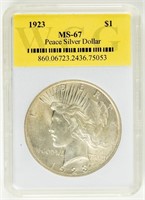 Coin 1923 Peace Dollar, WCG- MS67