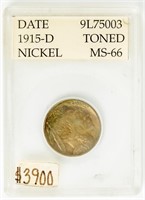 Coin 1915-D Buffalo Nickel, ACG- MS66 Toned