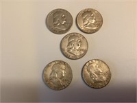 5 Franklin Silver Half Dollars,Circulated