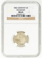 Coin 1866 Germany 6- Kreuzer-Frankfurt, NGC- MS65