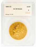 Coin 1890-CC $20. Gold - Liberty Head, SEGS-AU58