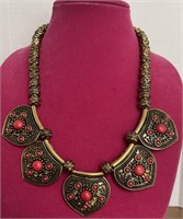 Red Howlite chrome Goldtone bib Necklace (21in)