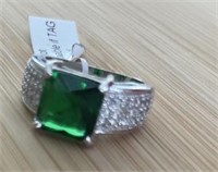 Diamond Green (sar) Simulated Silvertone Ring