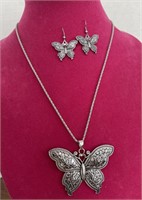 Silvertone butterfly Earrings and pendant with