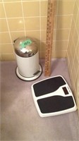 small trash can, bath scale