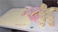 Vintage baby blanket and snowsuits 0-6 months