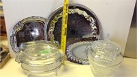 Silver trays, casserole dish in holder, ice bucket