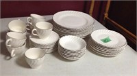8 plc setting white dishes, silver trim