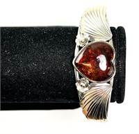 Solid Sterling Baltic Amber Heart Cuff Bracelet