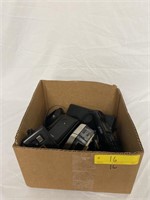Box with cameras and office phone set. Kodak