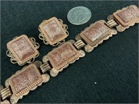 Goldstone bracelet and earrings, copper look base