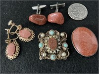 Goldstone earrings, cuff links, pendant, pin
