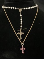 Small rosary beads and jeweled cross necklace