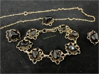 Onyx look set, necklace bracelet clip earrings