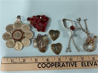 Vintage glove clips, coin medallion, copper hearts