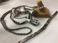 Zuni necklace, silver plate earrings, chain,