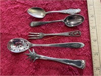 Demitasse spoons, fork, chicken foot tongs