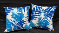 2 blue and white outdoor pillows