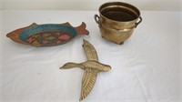 Brass -planter, intricately painted fish, duck  ZE