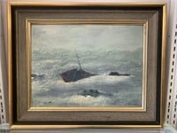 Vintage Ocean Trawler Shipwreck Painting