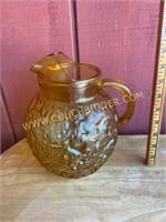 Amber Crinkle Glass Pitcher 9in Tall