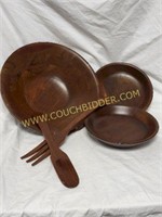 Wooden Round Serving Dish, Plates and Utensils