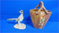 Porcelain Art Basket Signed Road Runner Figurine