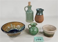 Art Pottery Green Glaze Pitchers, Bowl & More