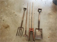 Shovel,tater rake,pitch fork,hole diggers