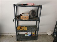 Plastic garage shelf and contents, fan,gloves,more