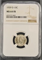US Coins 1939-D Mercury Dime graded MS64FB by NGC