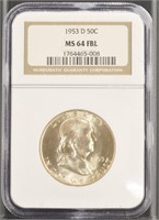 US Coins 1953-D Franklin Half Dollar graded MS64FB