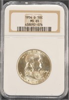 US Coins 1954-D Franklin Half Dollar graded MS65 b