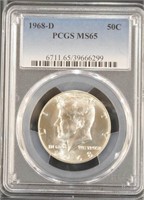 US Coins 1968-D Kennedy Half Dollar graded MS65 by