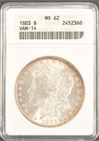 US Coins 1883 Morgan Silver Dollar Graded MS62 VAM