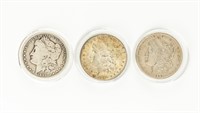 Coin 3 Morgan Silver Dollars-1890(2)+1890-O, VF-AU
