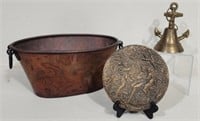 Brass Bell & Relief Plaque and Copper Basin