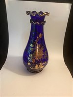 13" Tall Cobalt Blue Vase With Gold Decoration